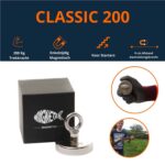 Classic 200 vismagneet met een rond oog, inclusief zwarte doos, 200kg trekkracht, enkelzijdig magnetisch, 9 cm afstands aantrekkingskracht, bedoeld voor starters
