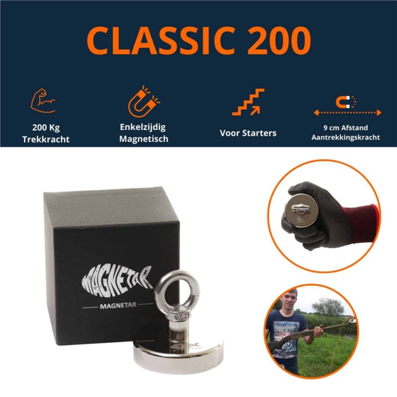 Classic 200 vismagneet met een rond oog, inclusief zwarte doos, 200kg trekkracht, enkelzijdig magnetisch, 9 cm afstands aantrekkingskracht, bedoeld voor starters