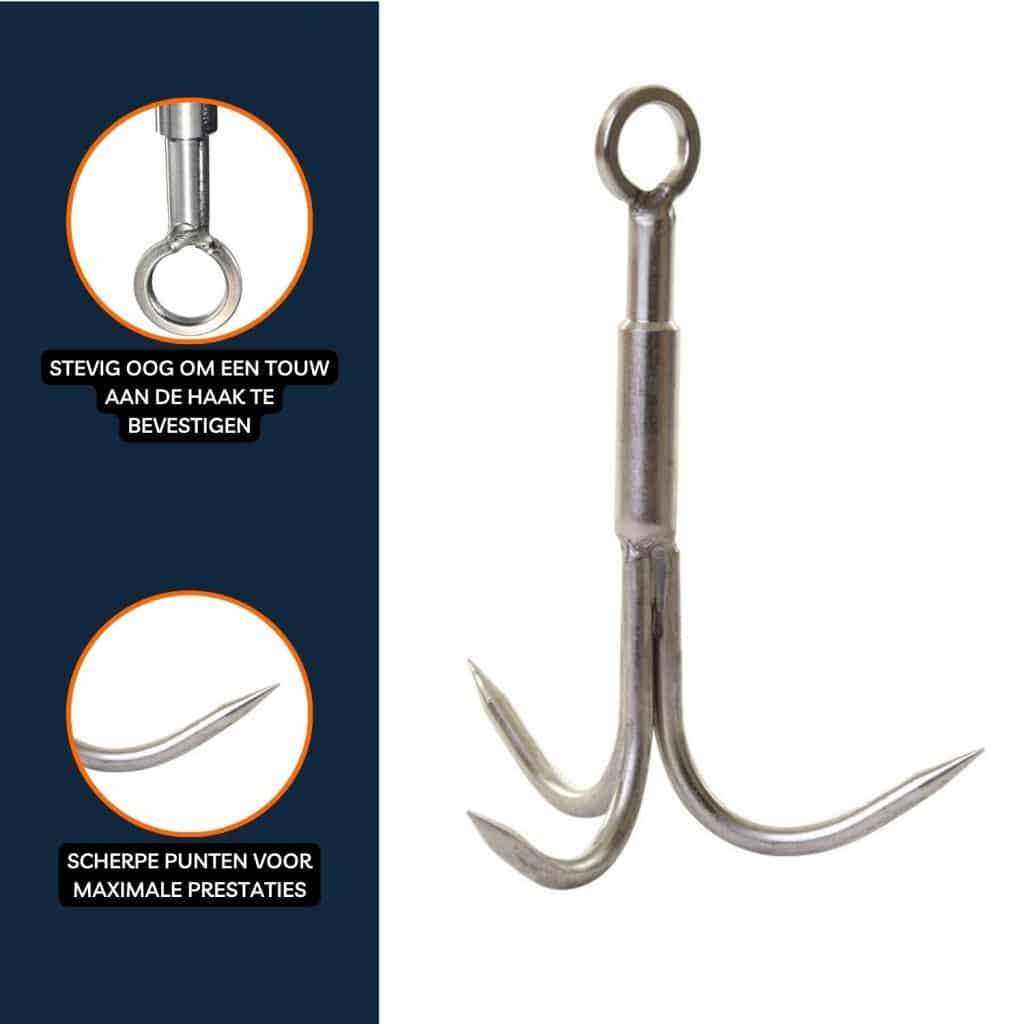RVS grijphaak met drie scherpe punten en stevig oog voor touwbevestiging, ideaal om zware vondsten bij magneetvissen binnen te halen.