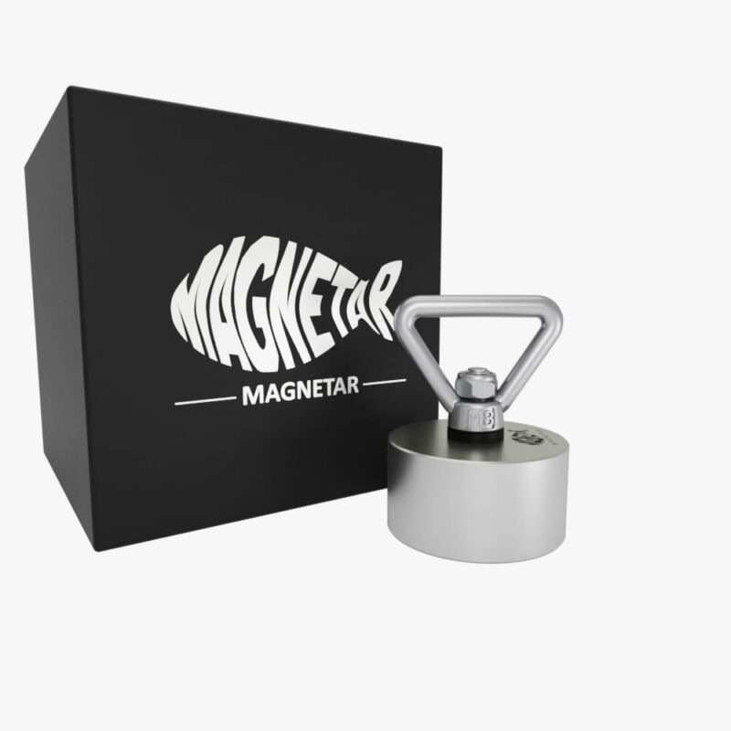 360° Allround 600kg Hardcore vismagneet voor het magneetvissen, magneet met driehoeksoog, inclusief zwarte doos met Magnetar logo