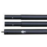 Detailfoto van zwarte aluminium prikstok in drie losse delen met klik- en schroefverbinding, ontworpen voor magneetvissen.