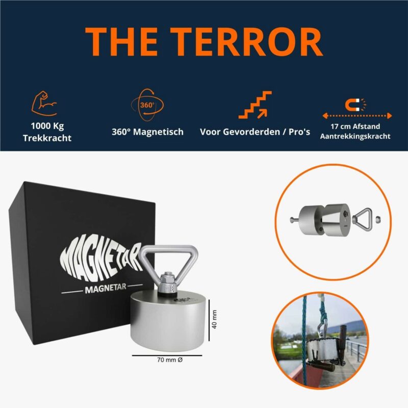 The terror, krachtige 360° neodymium vismagneet met 1000 kg trekkracht, compact model met oogbout, geschikt voor gevorderde magneetvissers.