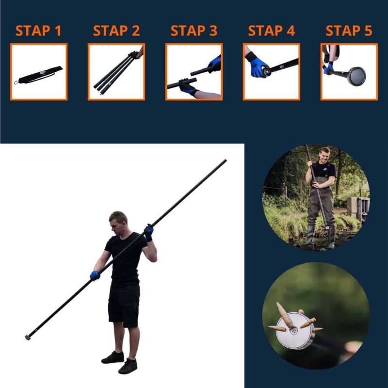 Uitschuifbare magneetstok met montage in 5 stappen, ideaal om metalen objecten uit sloten of moeilijk bereikbare plekken te vissen.