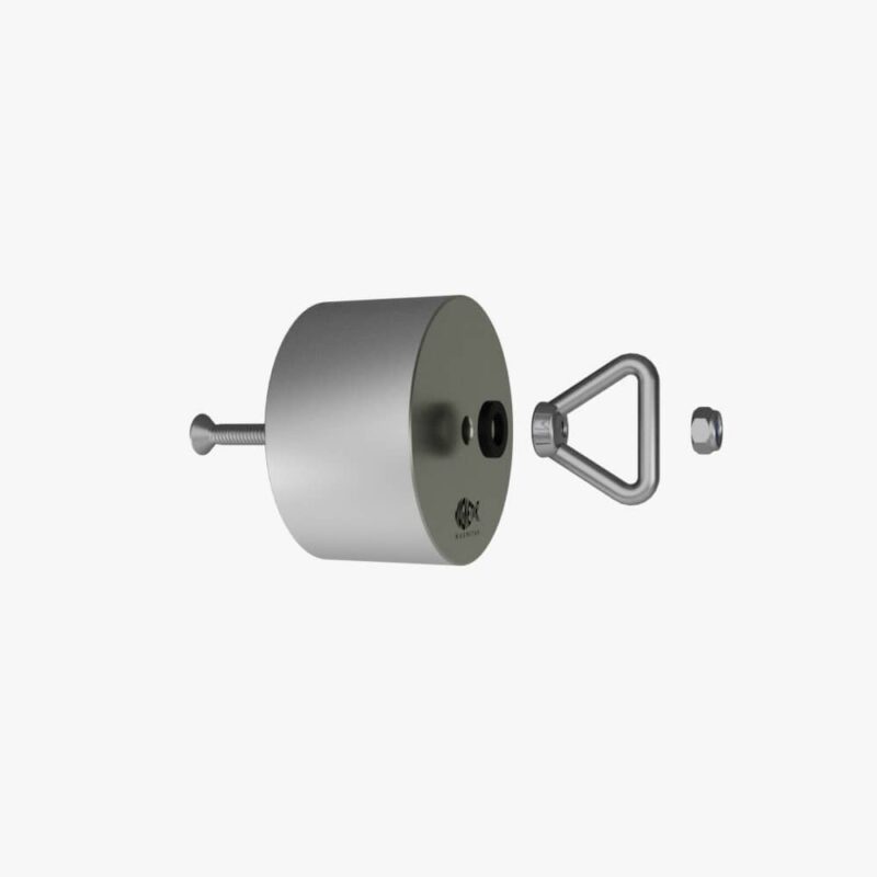 Detailfoto van een Barbarian vismagneet in onderdelen, met losse bout, rubberen ring, magneetkern, oogbout en moer voor montage.