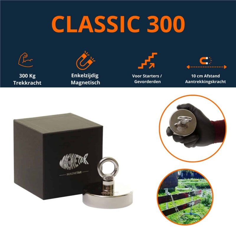 CL 300 Classic 300 vismagneet met een rond oog, inclusief zwarte doos, 300kg trekkracht, enkelzijdig magnetisch, 10 cm afstands aantrekkingskracht, bedoeld voor starters / gevorderden
