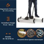 Magneetbezem met 25–30 kg trekkracht, verstelbare hoogte en verschillende breedtes, ideaal voor het verzamelen van spijkers en metalen.