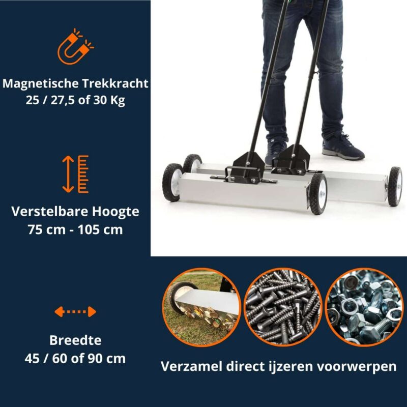 Magneetbezem met 25–30 kg trekkracht, verstelbare hoogte en verschillende breedtes, ideaal voor het verzamelen van spijkers en metalen.