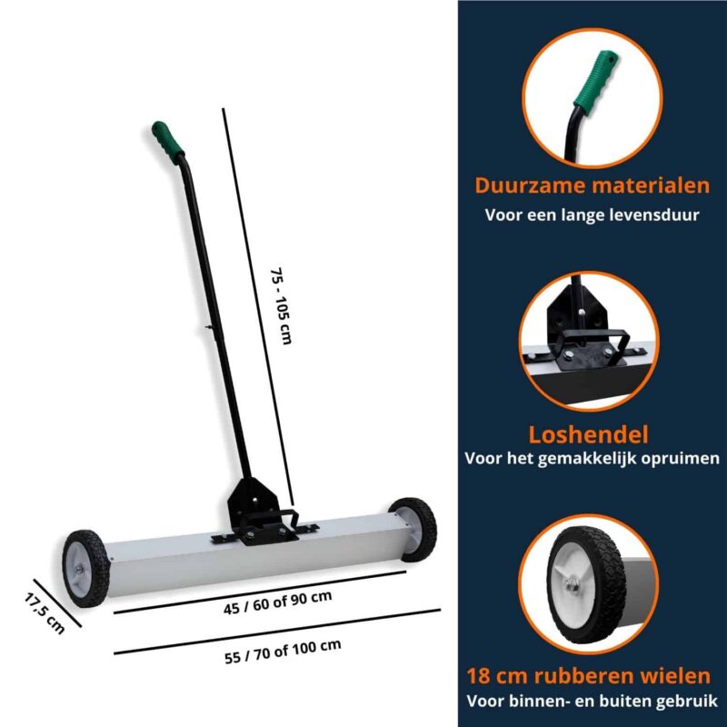 Magneetbezem met verstelbare steel, rubberen wielen en loshendel, ideaal voor eenvoudig opruimen van metalen binnen en buiten.