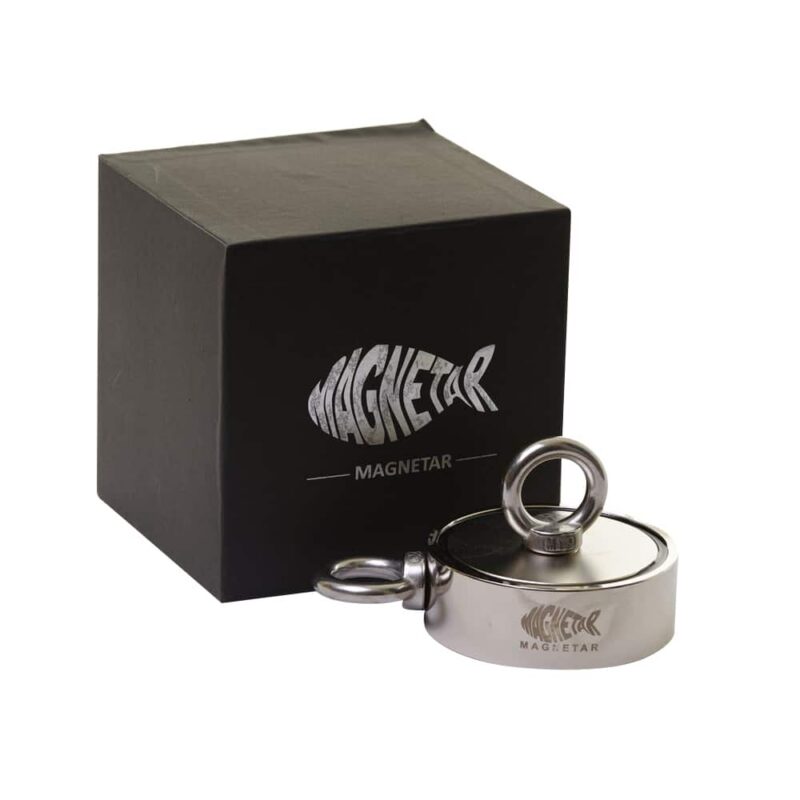 FOTO1493 Dubbelzijdige 800kg vismagneet voor het magneetvissen, magneet met 2 ronde ogen, inclusief zwarte doos met Magnetar logo