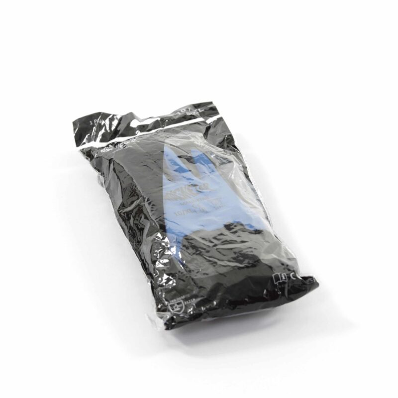 Verpakte Magnetar werkhandschoenen in plastic, blauwe uitvoering met zwarte gripcoating, beschermd en klaar voor gebruik.