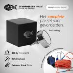 Productfoto van gevorderden pakket met 400 kg enkelzijdige vismagneet, RVS dreghaak, sterk touw, handschoenen en borglijm.