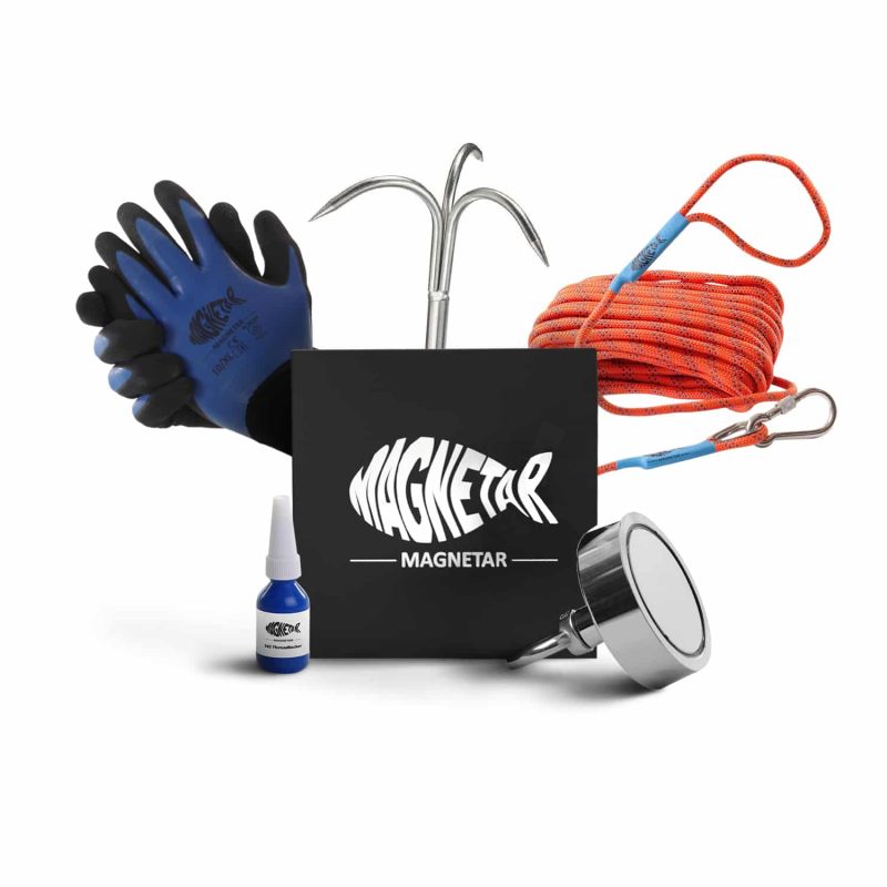 Gevorderde Pakket 400 kg Magnetar Magneetvis set met sterke neodymium Classic 400 vismagneet, grijphaak, handschoenen, oranje touw en lijm in luxe Magnetar geschenkdoos.
