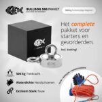 Productfoto van bulldog 500 pakket met 500 kg dubbelzijdige vismagneet, waterdichte handschoenen, sterk touw en borglijm.