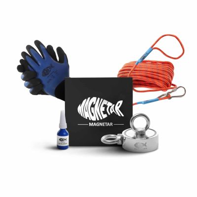 Complete magneetvis set met dubbelzijdige 500kg neodymium vismagneet, handschoenen, oranje touw en lijm in luxe Magnetar geschenkdoos.