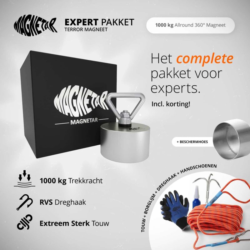 MAGNETAR EXPERT PAKKET Productfoto van expert pakket met 1000 kg allround 360° vismagneet, RVS dreghaak, sterk touw, handschoenen en borglijm.