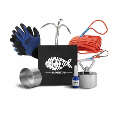 Complete magneetvis set met neodymium Terror vismagneet, grijphaak, handschoenen, stevig touw en lijm in luxe Magnetar geschenkdoos.
