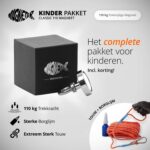 Productfoto van kinder pakket met 110 kg enkelzijdige vismagneet, sterk touw en borglijm, speciaal voor jonge magneetvissers.