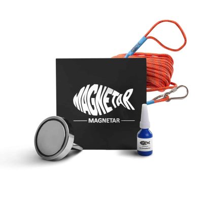Vismagneet set met sterke neodymium Classic 110 magneet, oranje touw en schroeflijm, compleet geleverd in luxe Magnetar geschenkdoos.