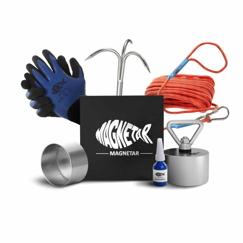 legend-pakket-vismagneet-magnetar Magneetvis set met krachtige Beast neodymium vismagneet, grijphaak, handschoenen, sterk touw en lijm in luxe Magnetar geschenkdoos.