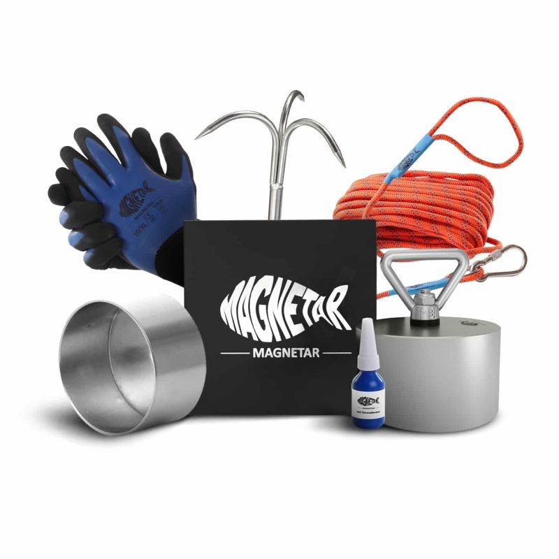 MAGNETAR SAVAGE KIT GOOGLE Complete magneetvis set met neodymium Barbarian vismagneet, grijphaak, handschoenen, sterk touw en accessoires in luxe Magnetar geschenkdoos.