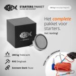 Productfoto van starters pakket met 200 kg enkelzijdige vismagneet, RVS dreghaak, sterk touw en borglijm, ideaal voor beginners.