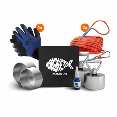 Complete warrior magneetvis set met twee neodymium vismagneten Terror en Beast, sterke touwen, handschoenen en accessoires in luxe Magnetar geschenkdoos.