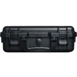 Voorkant van de zwarte magnetar vismagneet koffer, met daarop een handvat, 2 kliksluitingen en een drukventiel