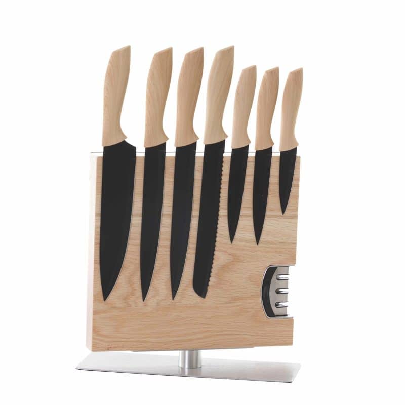 messenblok, messenhouder, messenblok met slijper, messen slijpen, luxe messenhouder, luxe messenblok, groot messenblok Magnetisch messenblok van hout met zes zwarte keukenmessen en geïntegreerde messenslijper, modern en praktisch ontwerp.