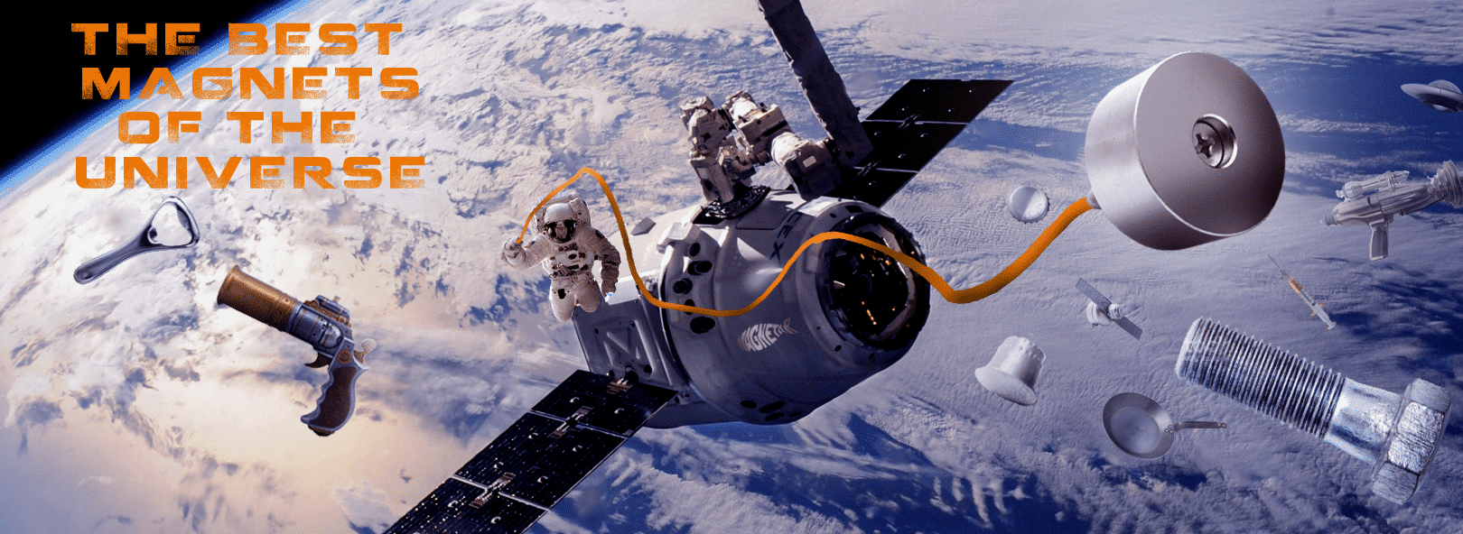 Reclamebanner met astronaut en neodymium vismagneet in de ruimte, met slogan ‘The best magnets of the universe’.