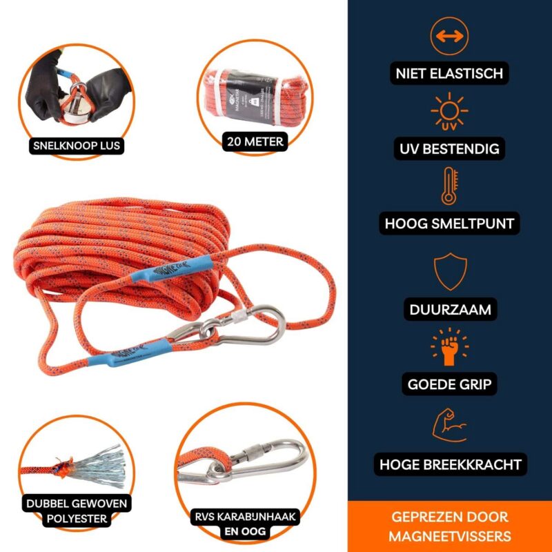 B0C28HYPMC.PT03 Oranje 20 meter magneetvis touw van dubbel geweven polyester met RVS karabijnhaak, hoge breekkracht en UV-bestendig.