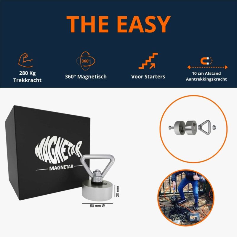 B0C5RH4X3Z.PT01 Compacte 360° neodymium vismagneet met 280 kg trekkracht en oogbout, perfect instapmodel voor beginnende magneetvissers.
