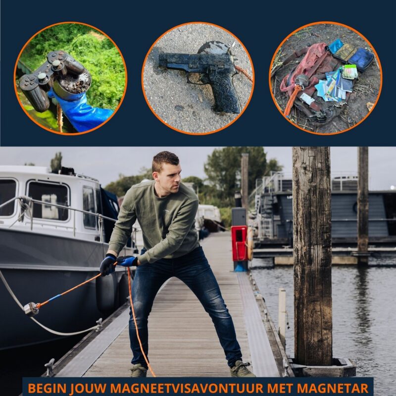 Man aan het magneetvissen vanaf een steiger met sterke neodymium vismagneet, haalt diverse metalen vondsten uit het water.