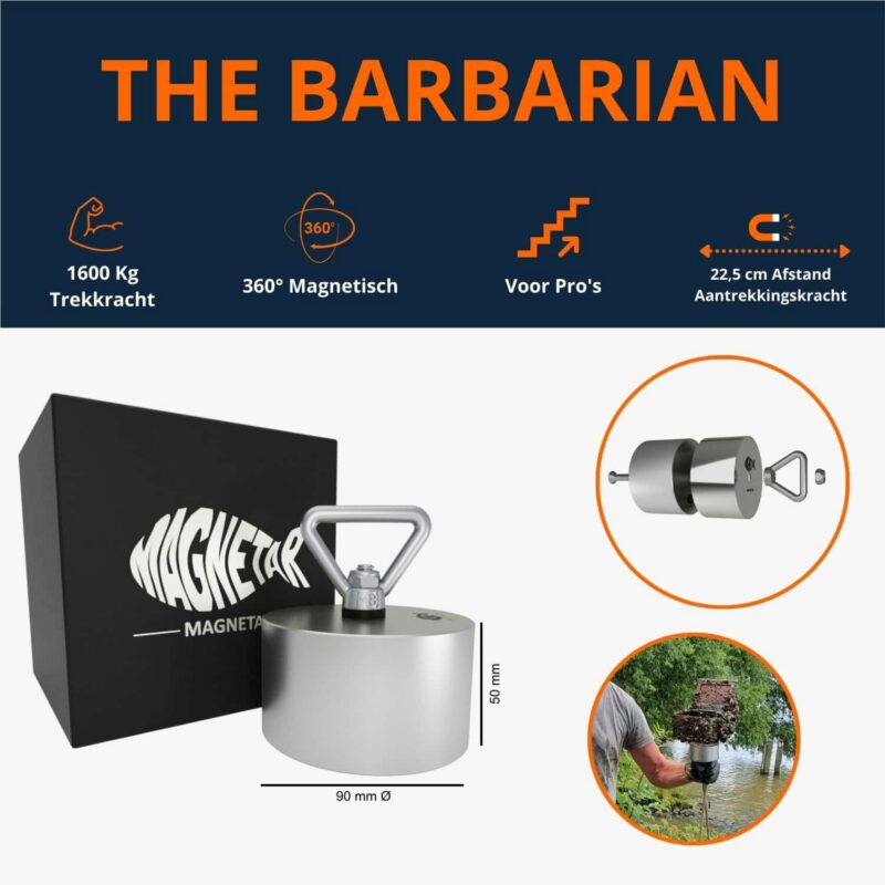 B0C5XPMF19.PT02 Barbarian vismagneet met een driehoeksoog, inclusief zwarte doos, 1600kg trekkracht, allround magnetisch, 22,5 cm afstands aantrekkingskracht, bedoeld voor pro's