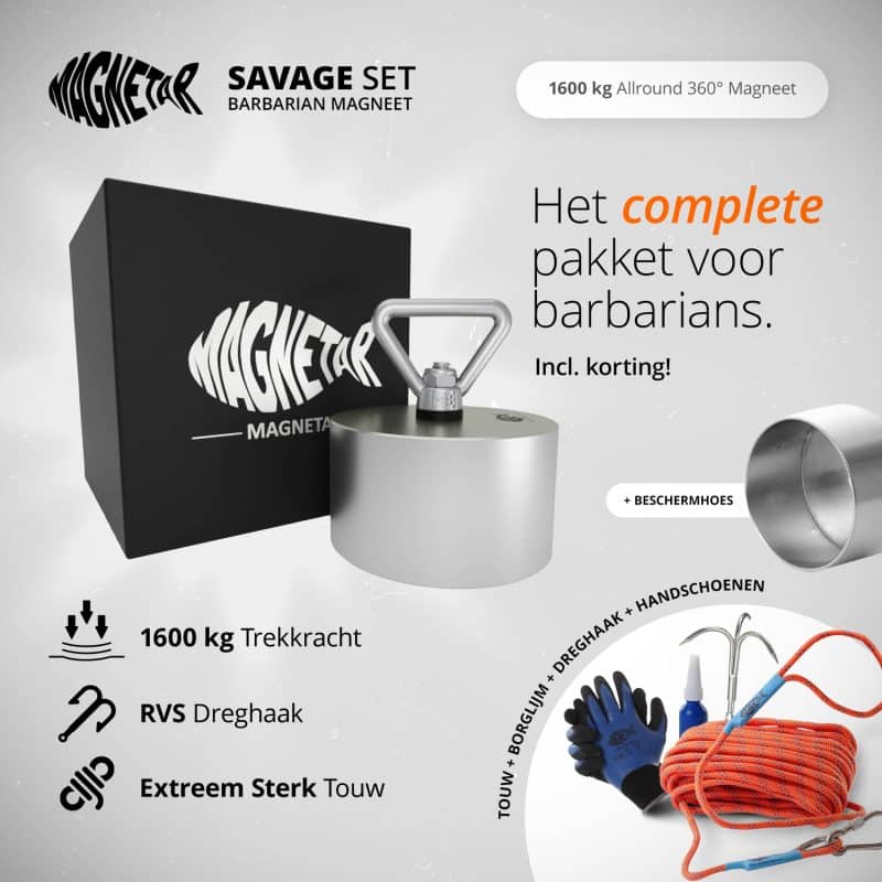 MAGNETAR SAVAGE KIT Dutch Magnetar Savage Set met 1600 kg allround 360° vismagneet, RVS dreghaak, sterk touw, borglijm, handschoenen en beschermhoes.