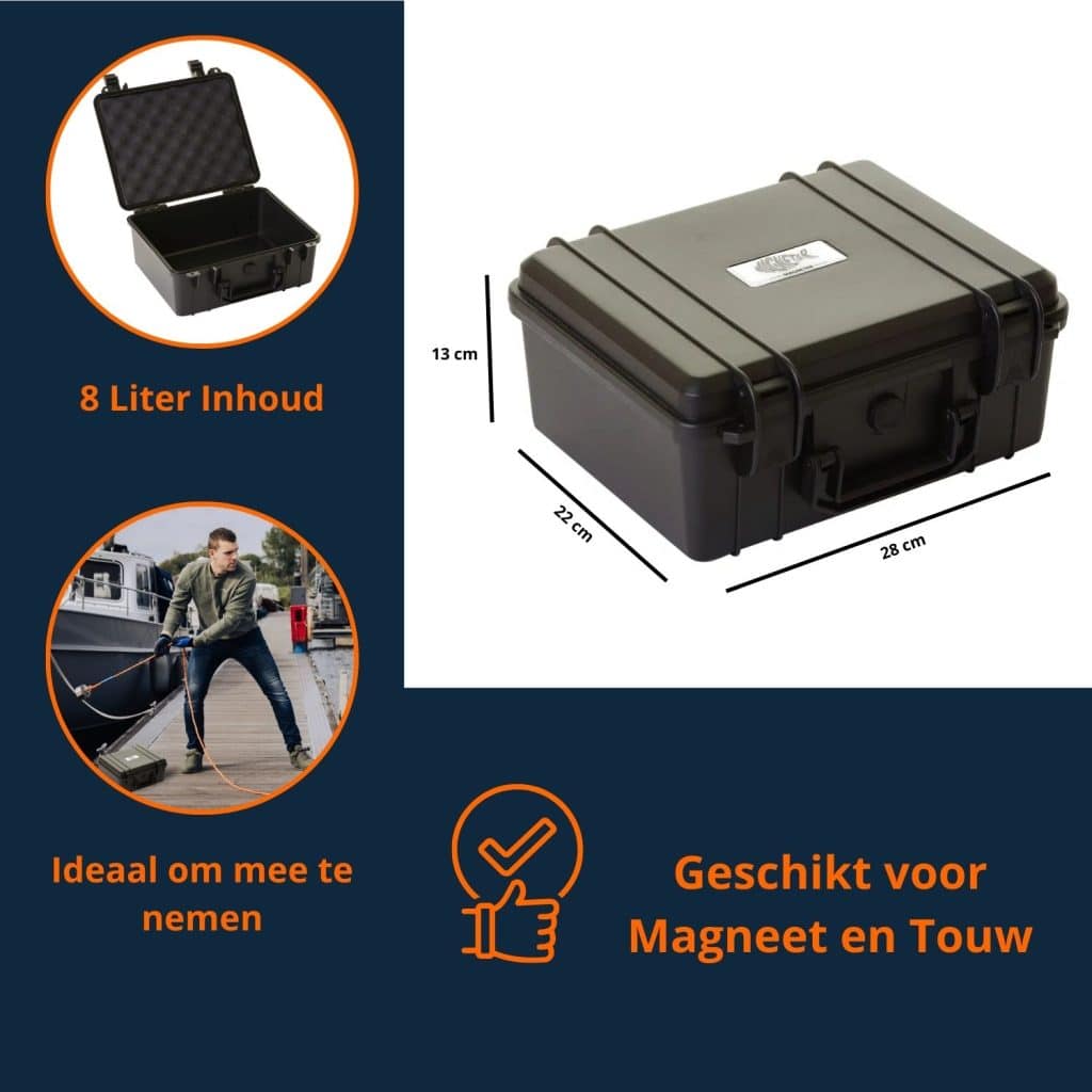 Zwarte vismagneet koffer met dimensies (13x22x28cm), heeft 8 liter inhoud en is geschik voor touw en magneet, daarnaast is deze ideaal om mee te nemen tijdens het magneetvissen