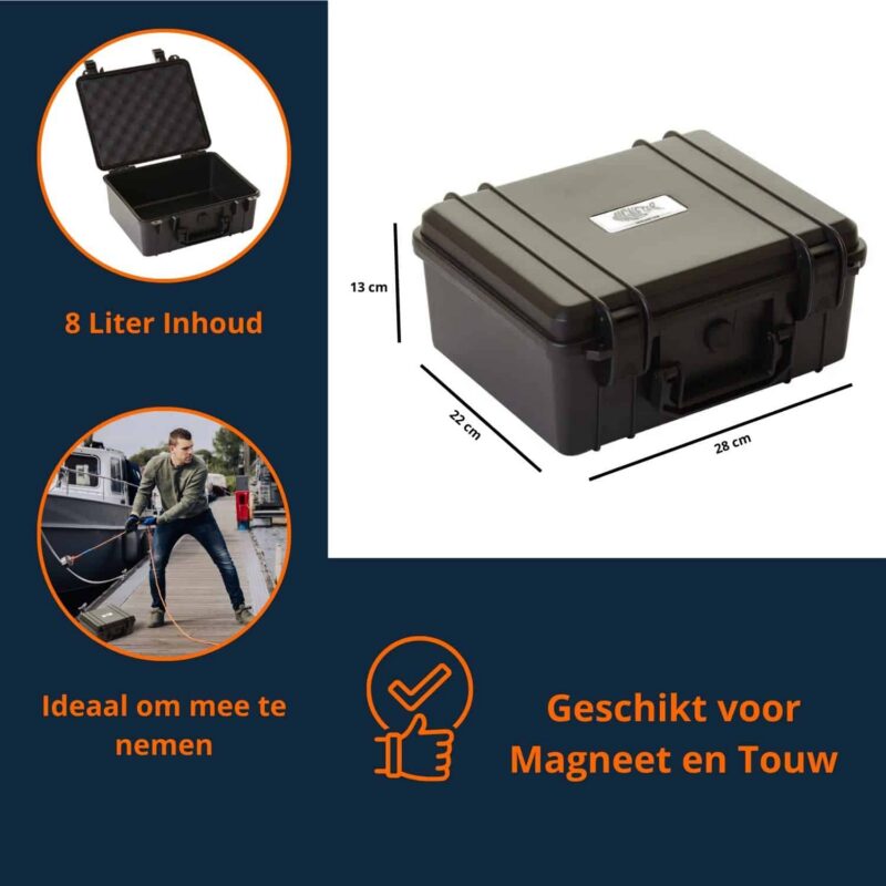 CASE SMALL Zwarte vismagneet koffer met dimensies (13x22x28cm), heeft 8 liter inhoud en is geschik voor touw en magneet, daarnaast is deze ideaal om mee te nemen tijdens het magneetvissen