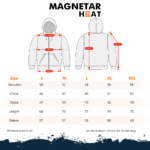 Maattabel voor Magnetar Heat hoodie met capuchon, inclusief maten voor schouder, borst, taille, lengte en mouw in cm.