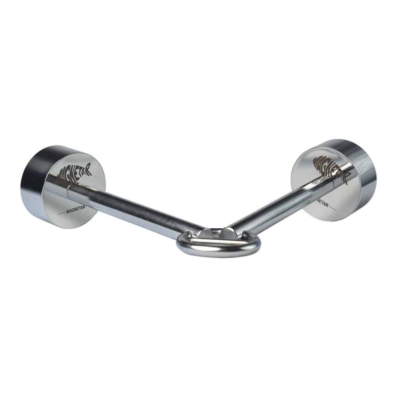 Connector met twee krachtige neodymium magneten en metalen bevestigingsoog, ideaal voor magneetvissen op zware objecten.