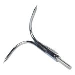 RVS dreghaak liggend met drie scherpe tanden en schroefdraad, ideaal accessoire voor het omhoog halen van zware objecten bij magneetvissen.