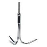 RVS dreghaak staand met drie scherpe tanden en schroefdraad, ideaal accessoire voor het omhoog halen van zware objecten bij magneetvissen.