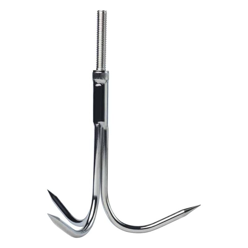 RVS dreghaak staand met drie scherpe tanden en schroefdraad, ideaal accessoire voor het omhoog halen van zware objecten bij magneetvissen.