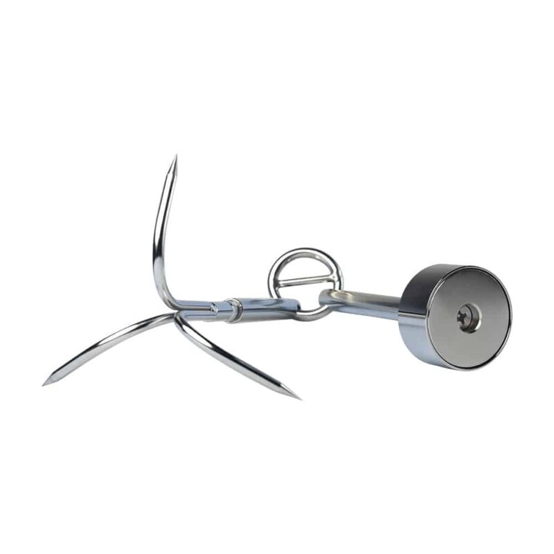 RVS haak met drie scherpe tanden en bevestigde neodymium vismagneet, ideaal om objecten uit het water te halen bij magneetvissen.