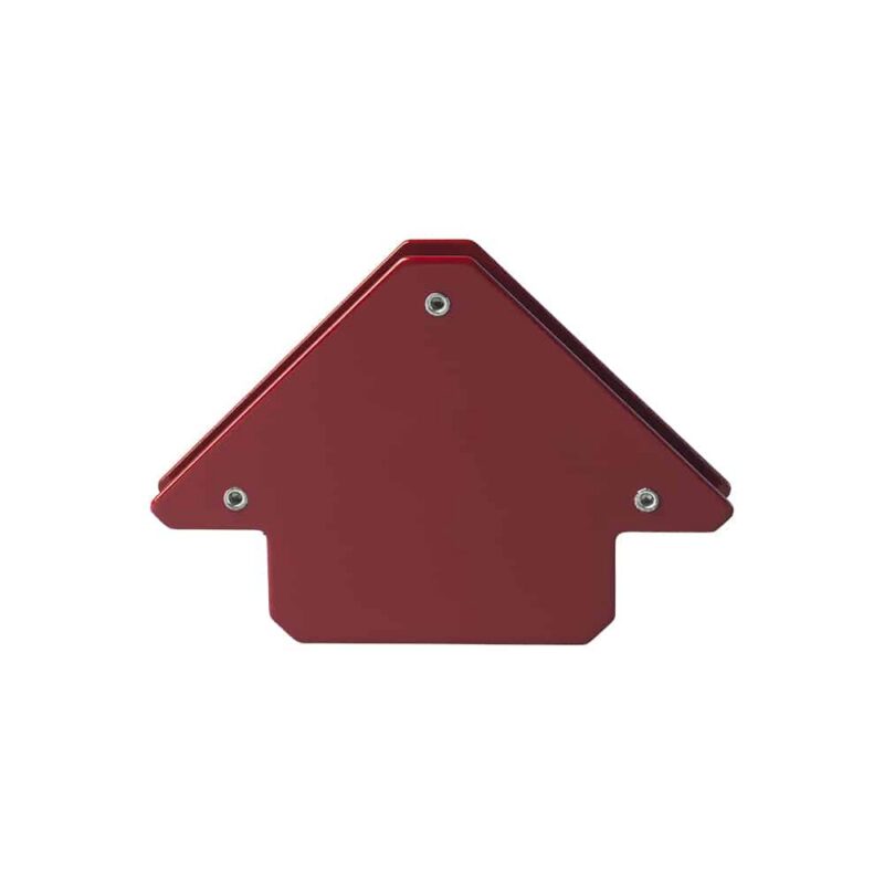 Rode pijlvormige lasmagneet, geschikt voor het nauwkeurig uitlijnen en positioneren van metalen hoeken tijdens lassen.