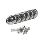 Set van ronde neodymium potmagneten met verzonken gat en bijpassende schroeven, geschikt voor stevige bevestiging.