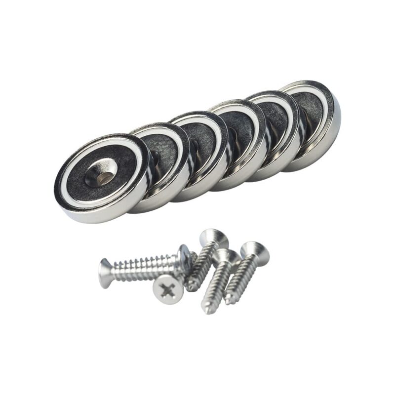 Set van ronde neodymium potmagneten met verzonken gat en bijpassende schroeven, geschikt voor stevige bevestiging.