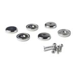 Set van ronde neodymium potmagneten met verzonken gat en bijpassende schroeven, geschikt voor stevige bevestiging.