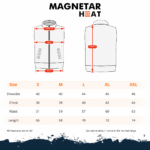 Maattabel voor verwarmd vest in maten M t/m XXL, met afmetingen voor schouder, borst, taille en lengte in centimeters.