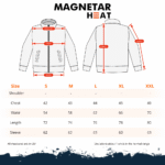 Maattabel voor verwarmde jas met maten S t/m XXL, inclusief borst, taille, lengte en mouwlengte in centimeters.