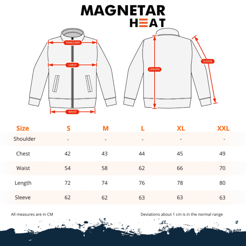 Maattabel voor verwarmde jas met maten S t/m XXL, inclusief borst, taille, lengte en mouwlengte in centimeters.