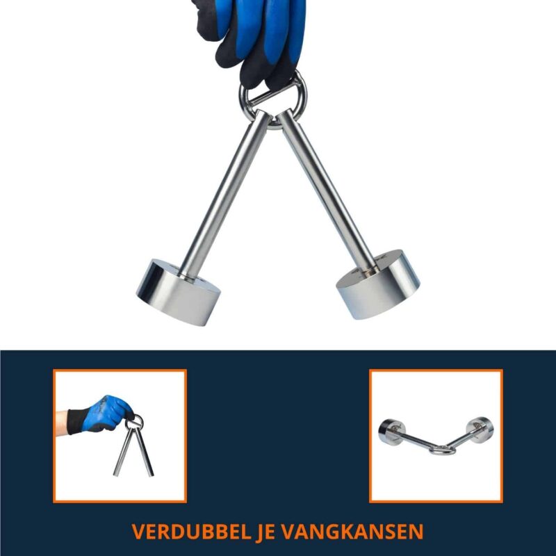 B0CNTP5DYX.PT02 Dubbele vismagneet connector met lange staven en ringverbinding, ontworpen om vangkansen te verdubbelen bij magneetvissen.